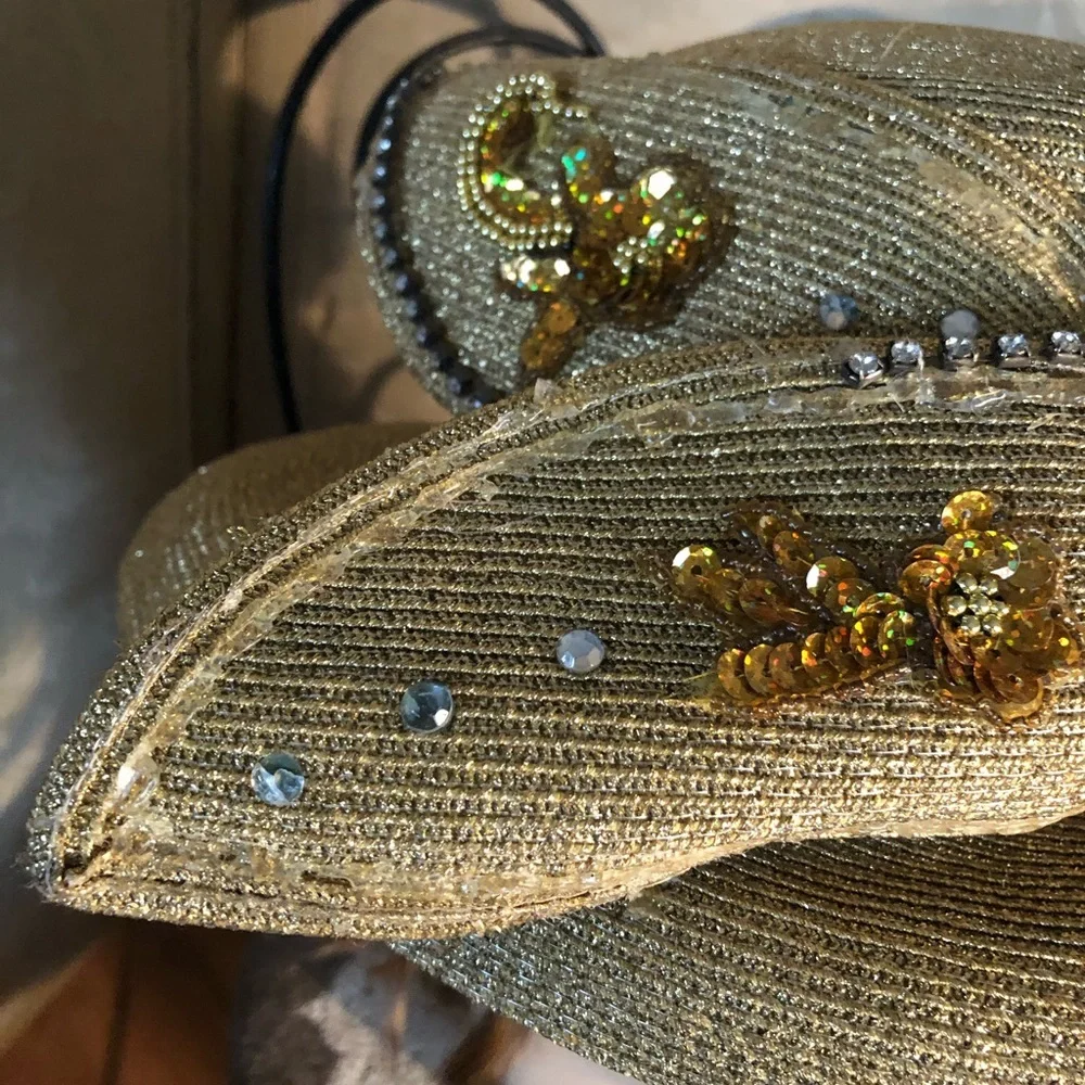 Vintage Wide Brim Embellished Gold Metallic Hat - Picture 7 of 11